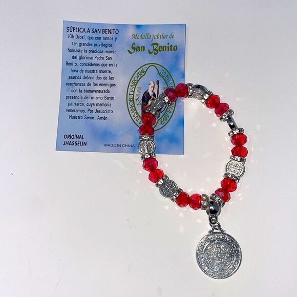 St. Benedict Red Crystal Silver Beaded Stretchy Bracelet - Picture 4 of 7